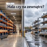 Regały wspornikowe wewnątrz hali i ocynkowane regały na placu zewnętrznym