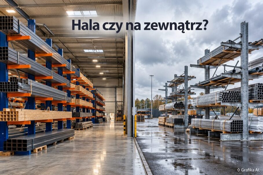 Regały wspornikowe wewnątrz hali i ocynkowane regały na placu zewnętrznym